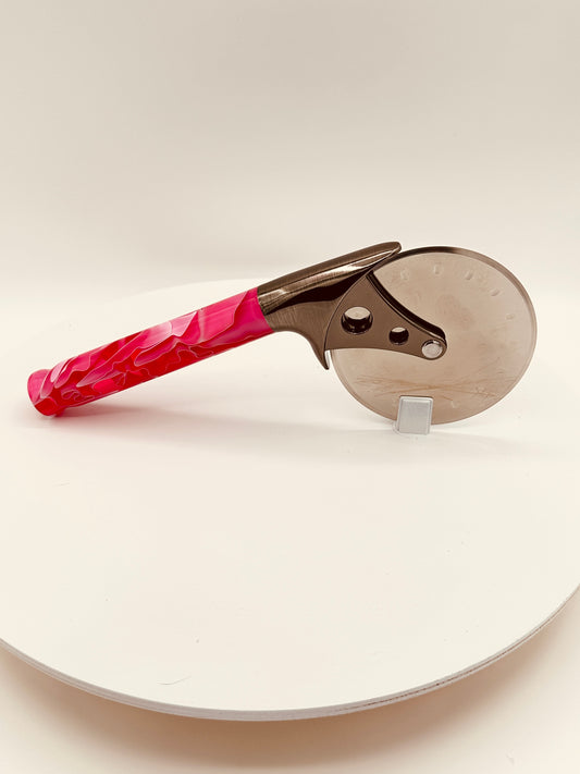 Custom Hand-Turned Pizza Cutter - Pink Cloud Acrylic - 4" Pewter Wheel