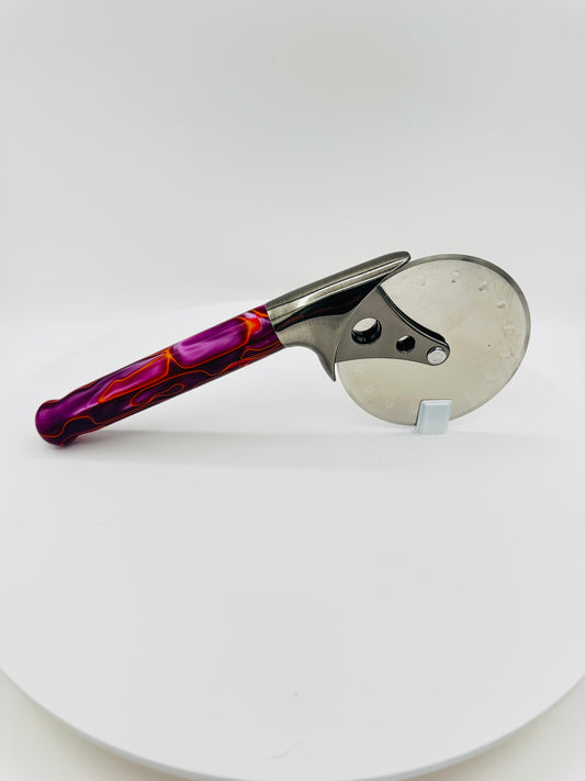 Custom Hand-Turned Pizza Cutter - Purple Neon Acrylic - 4" Pewter Wheel