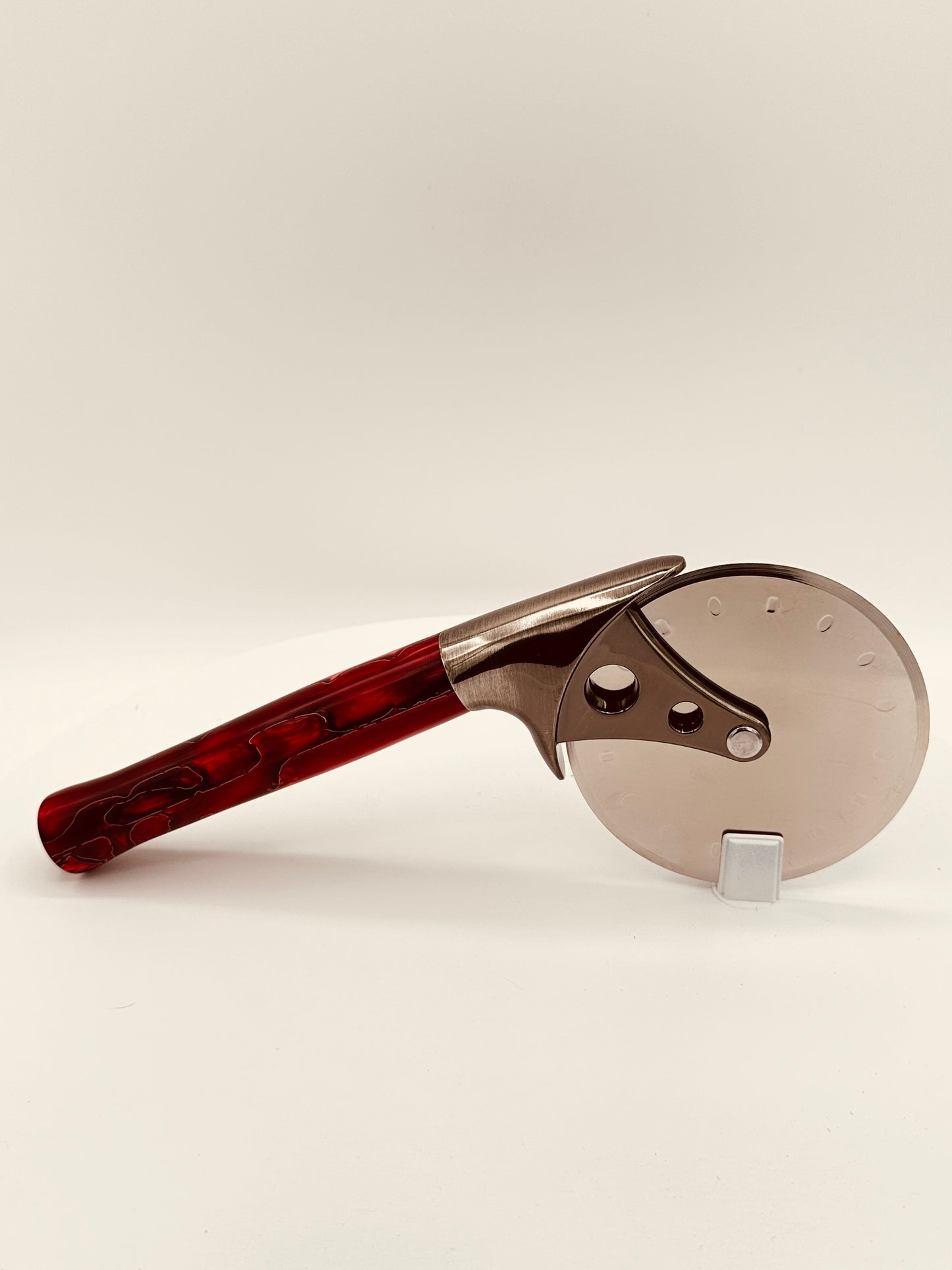 Custom Hand-Turned Pizza Cutter - Translucent Ruby Red - 4" Pewter Wheel