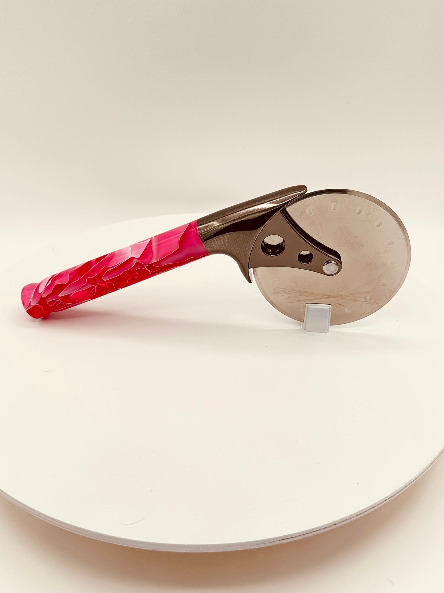 Custom Hand-Turned Pizza Cutter - Pink Cloud Acrylic - 4" Pewter Wheel