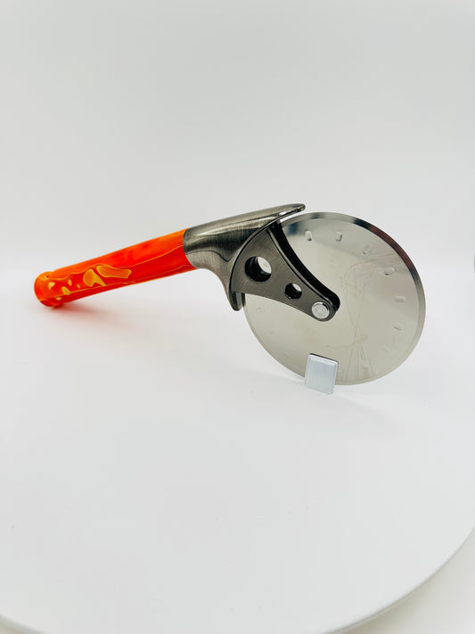 Custom Hand-Turned Pizza Cutter - Orange Crush Acrylic - 4" Pewter Wheel
