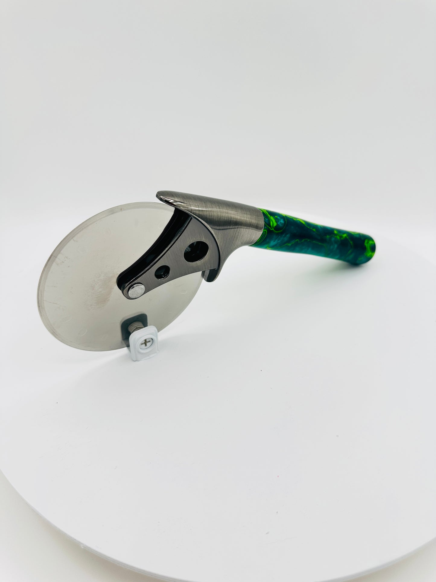 Custom Hand-Turned Pizza Cutter - Green Slime Acrylic - 4" Pewter Wheel