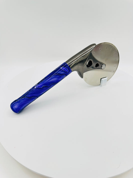 Custom Hand-Turned Pizza Cutter - Blue Racer Acrylic - 4" Pewter Wheel