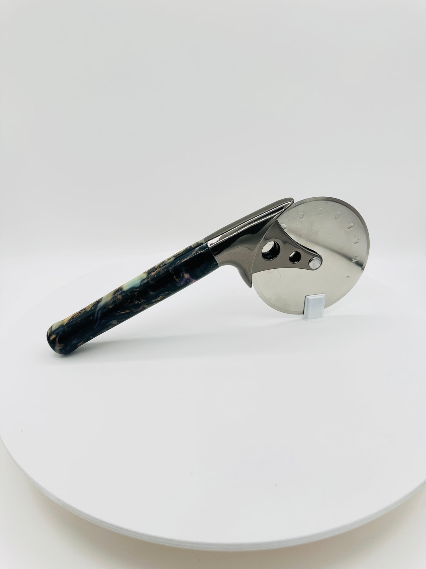 Custom Hand-Turned Pizza Cutter - Mother of Pearl Acrylic - 4" Pewter Wheel