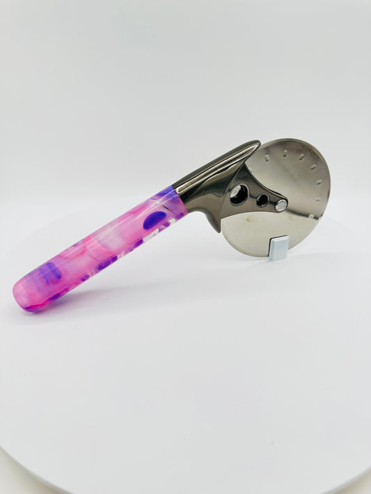 Custom Hand-Turned Pizza Cutter - Cotton Candy Clouds Acrylic - 4" Pewter Wheel